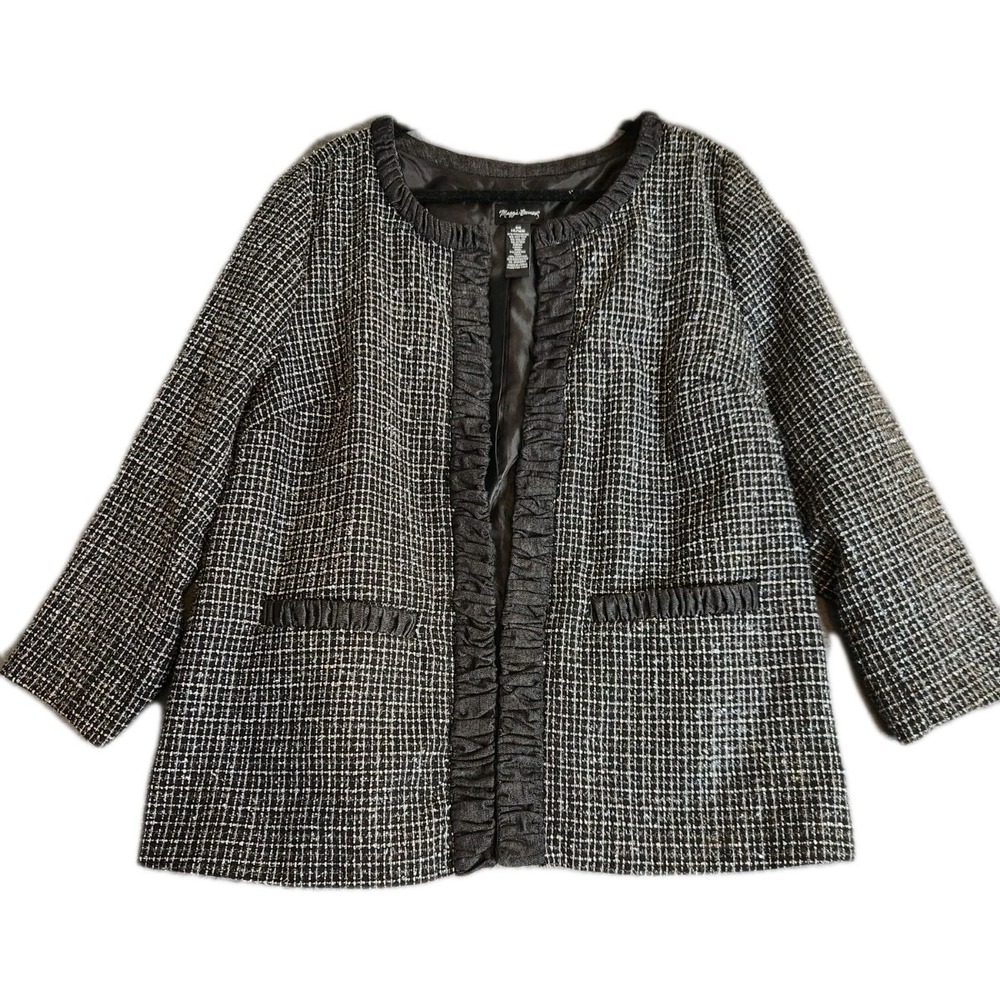 Maggie Barnes Womens Black White Silver 3/4 Sleeve Tweed Blazer Jacket Sz 0X